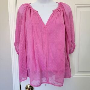 Roller Rabbit Hot Pink Sheer Lined Swiss Dot Puff Sleeve Blouse Size Small